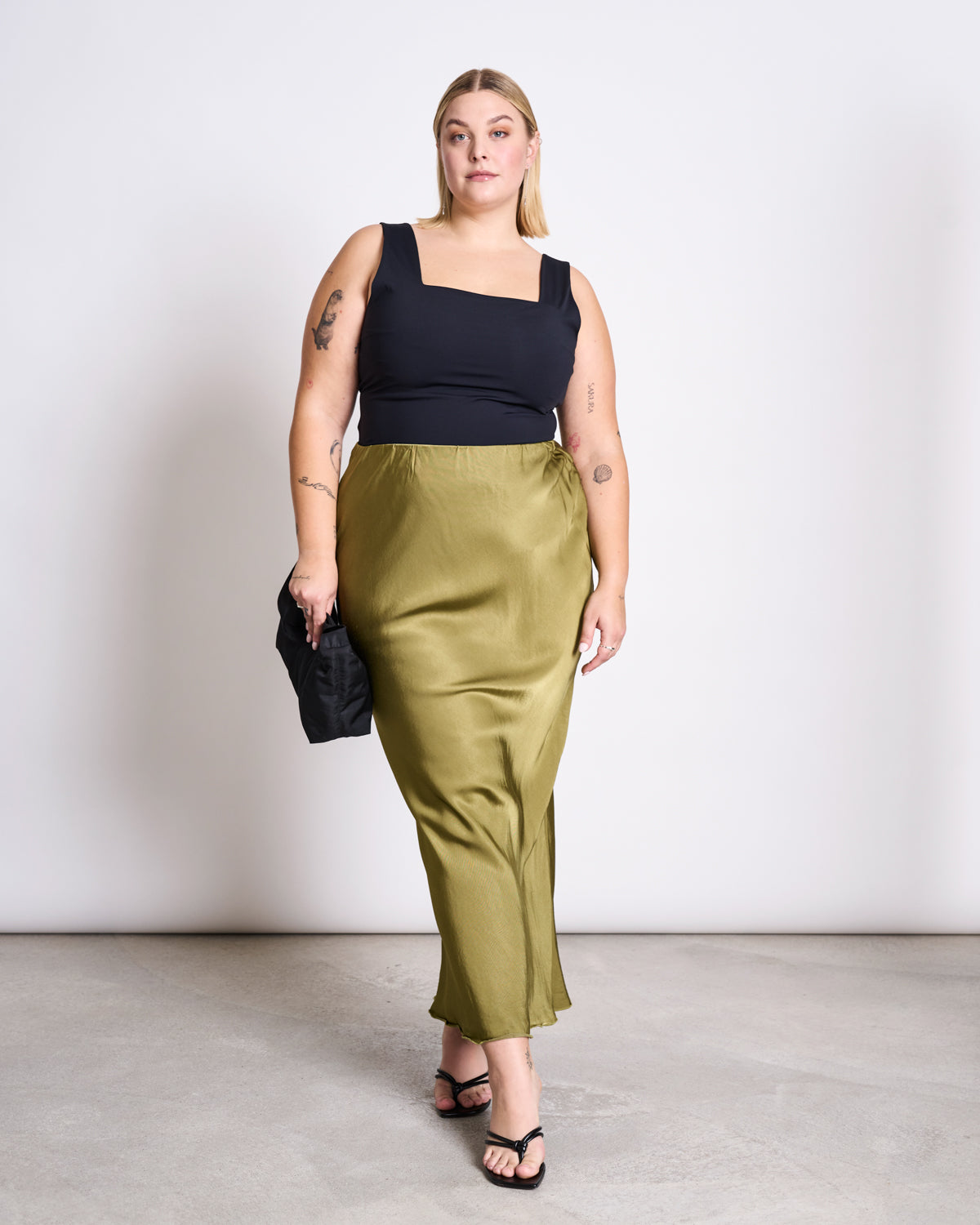 MAXI SATIN SKIRT SERIN WOODY OLIVE Skirts jan-n-june 8