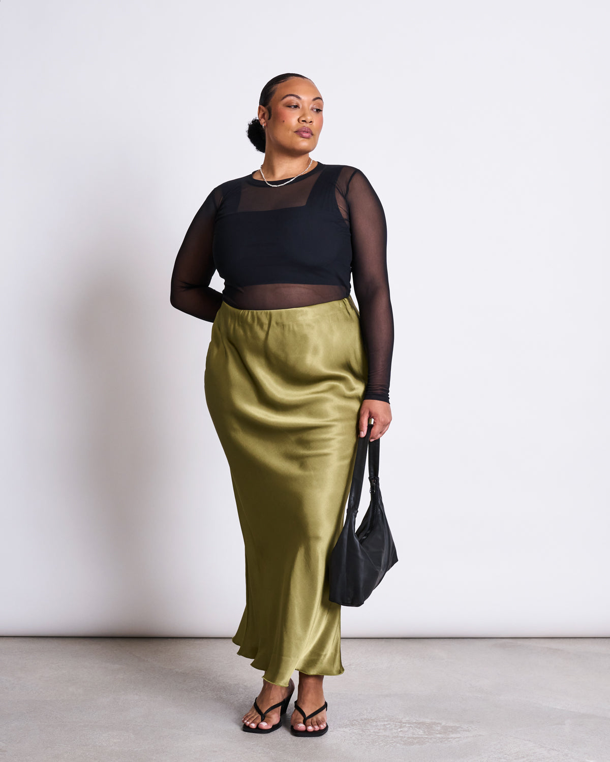 MAXI SATIN SKIRT SERIN WOODY OLIVE Skirts jan-n-june 1