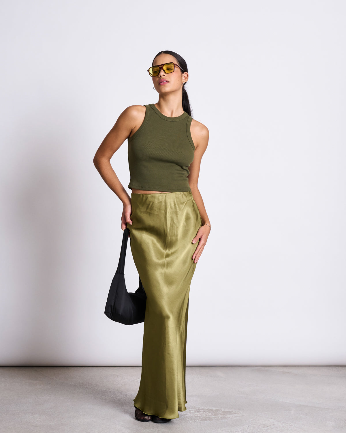 MAXI SATIN SKIRT SERIN WOODY OLIVE Skirts jan-n-june 7